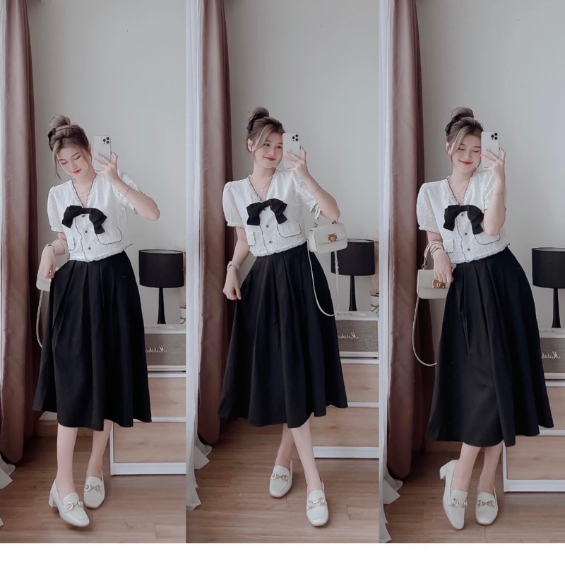 SET ÁO REN CROPTOP + CHÂN VÁY MIDI ĐEN