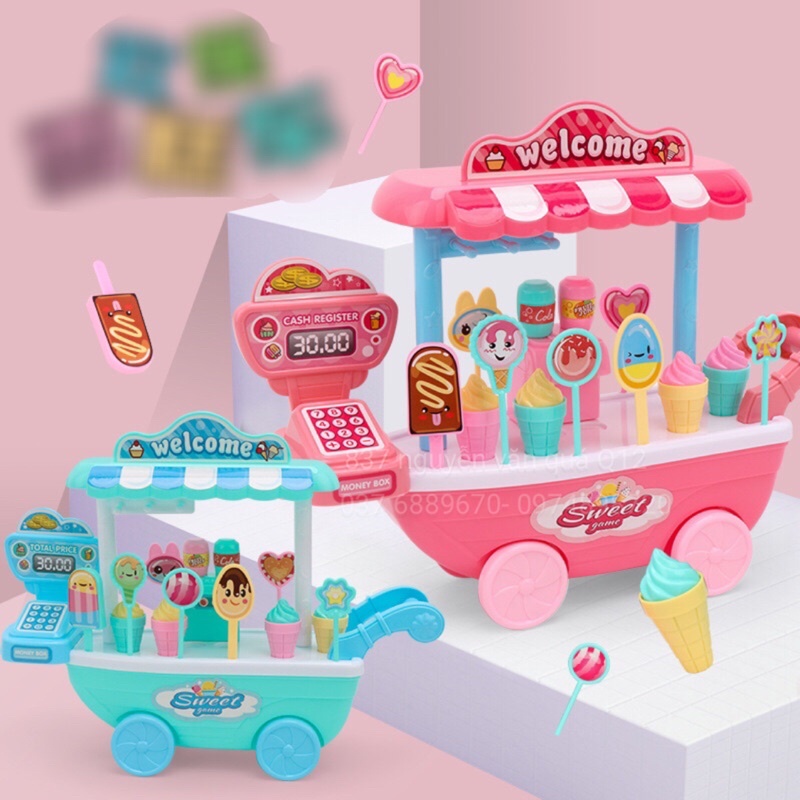 Đồ chơi xe đẩy quầy bán kem di động cho bé chơi bán hàng, nấu ăn, nhà bếp