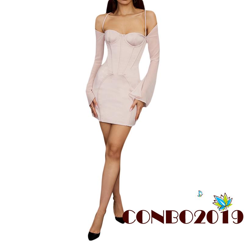 Đầm Ôm Dáng Tay Dài Hở Vai Một Mảnh Màu Sắc Trơn Dành Cho Nữ