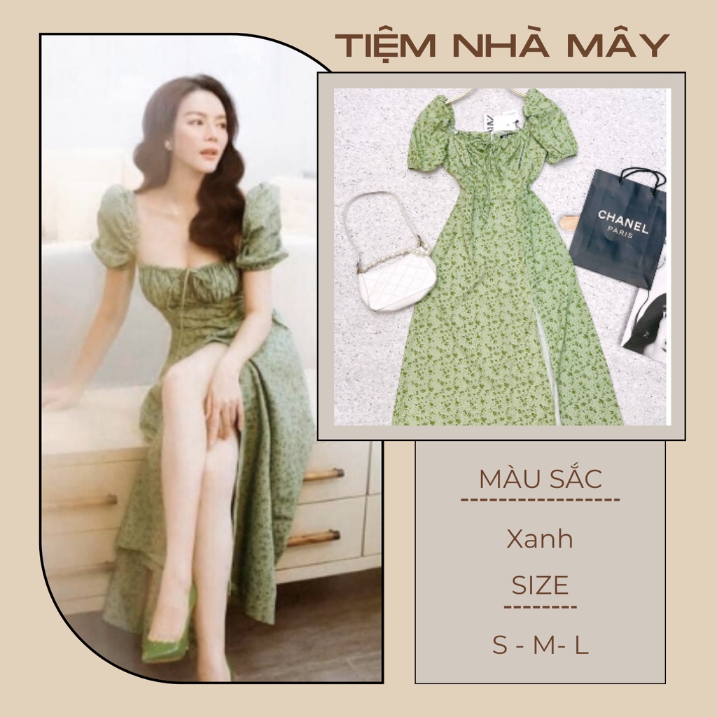 Váy Maxi Hoa Xanh Xẻ Tà Dúm Ngực Trễ Vai Cực Hot V111