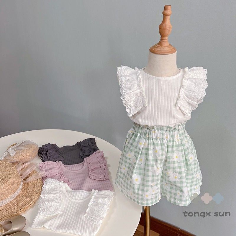 [Babycat] Hàng Có Sẵn Áo Thun Cotton Không Tay Phối Ren Phong Cách Nhật Bản Hàn Quốc Thời Trang Mùa Hè Nhỏ Nhắn Dễ Phối Đồ Dành Cho Bé Gái