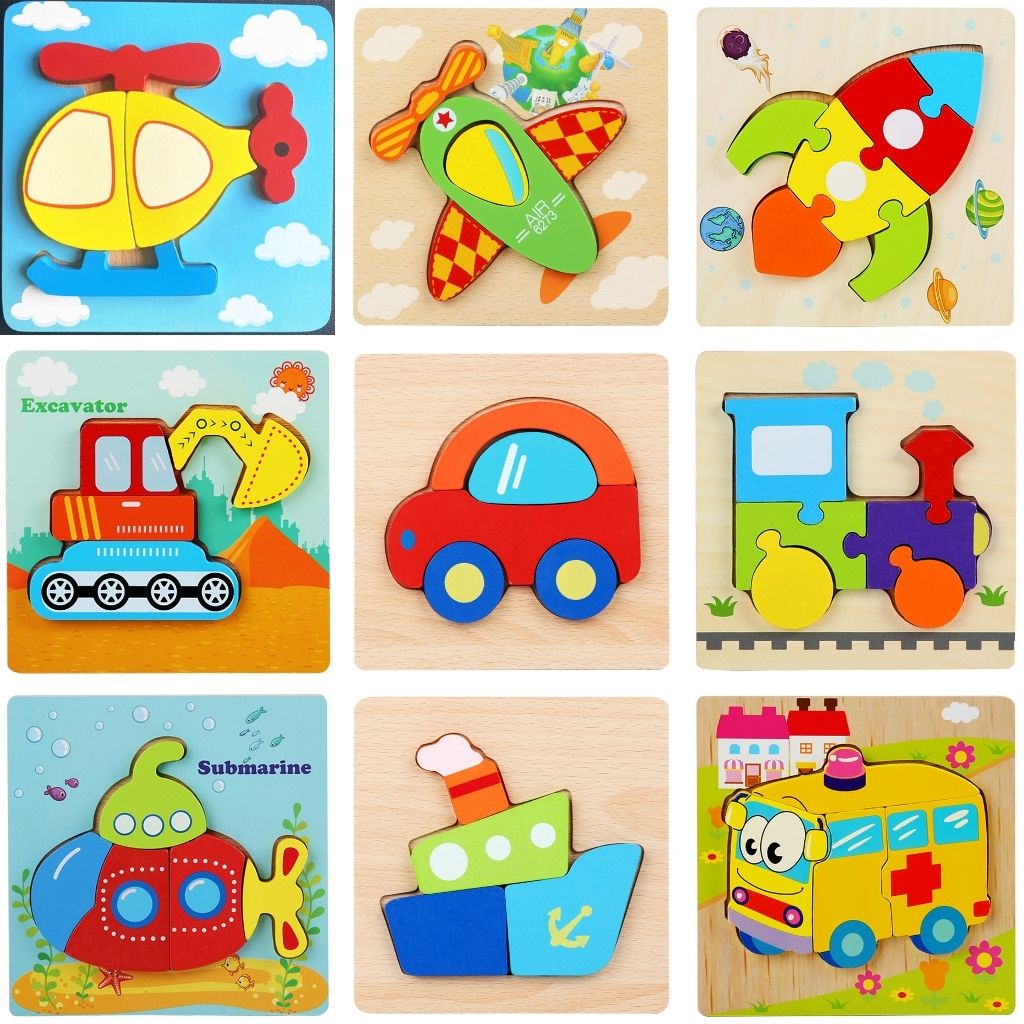 Tranh ghép gỗ 15x15cm chủ đề phương tiện giao thông - Đồ chơi thông minh HKtoys