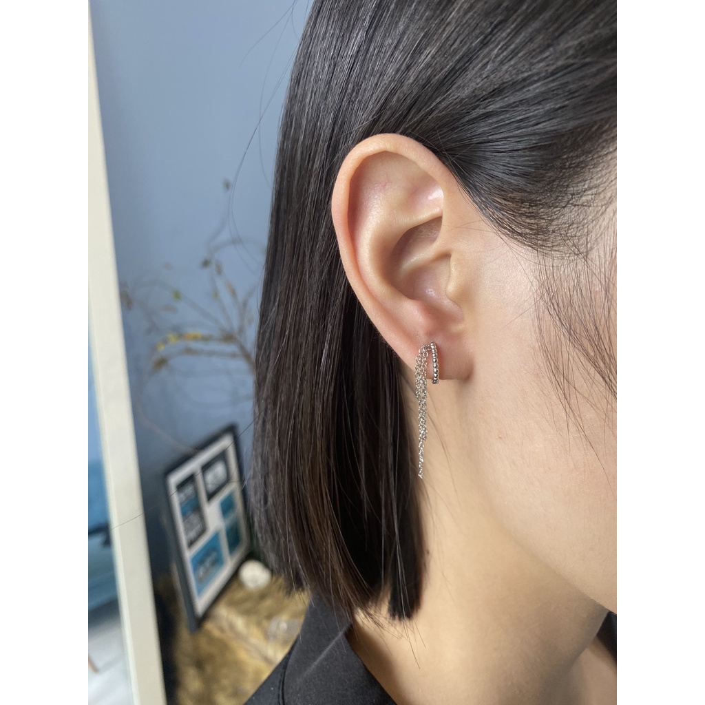 Khuyên tai bạc 925 bấm tròn thả xích cá tính mới lạ Dế Bạc - K6046