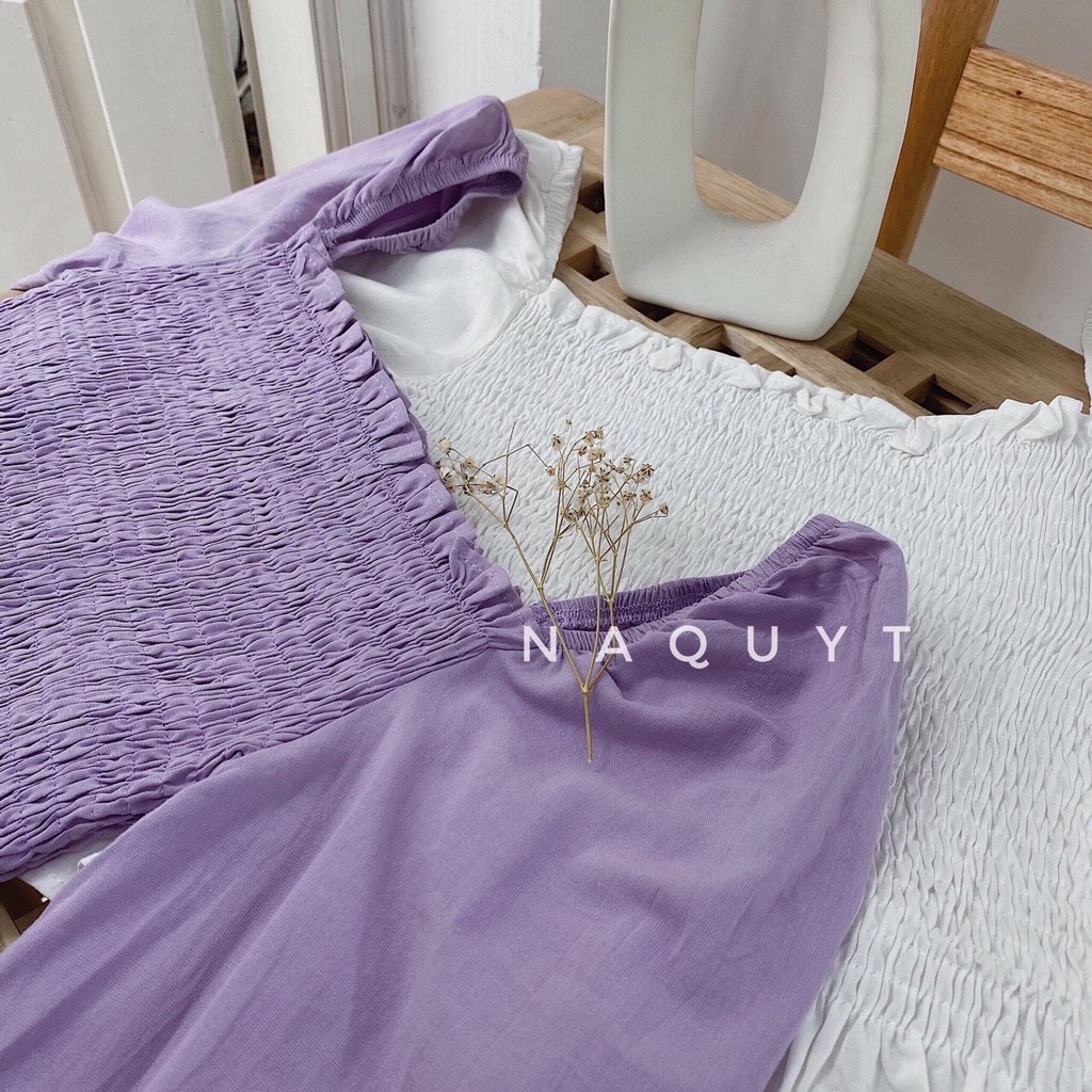 ÁO TRỄ VAI TÍM TAY DÀI BO CHUN DÚM NGỰC HOT - ÁO MẶC 2 KIỂU TÍM BÁNH BÈO