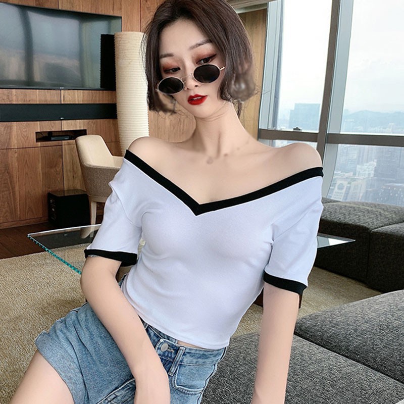 Áo Thun Lửng Tay Ngắn Cổ Chữ V Phong Cách Hàn Quốc