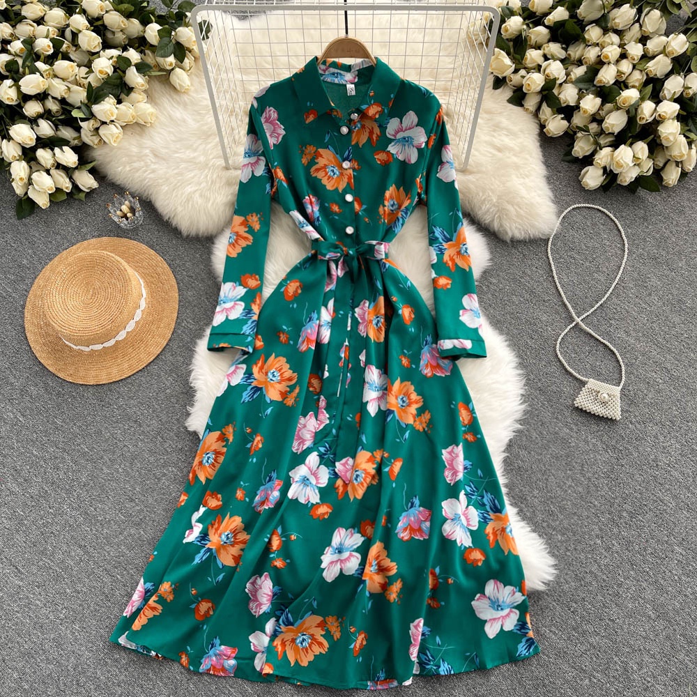 Đầm Maxi Tay Dài Cổ Polo In Hoa Thời Trang Cổ Điển Cho Nữ