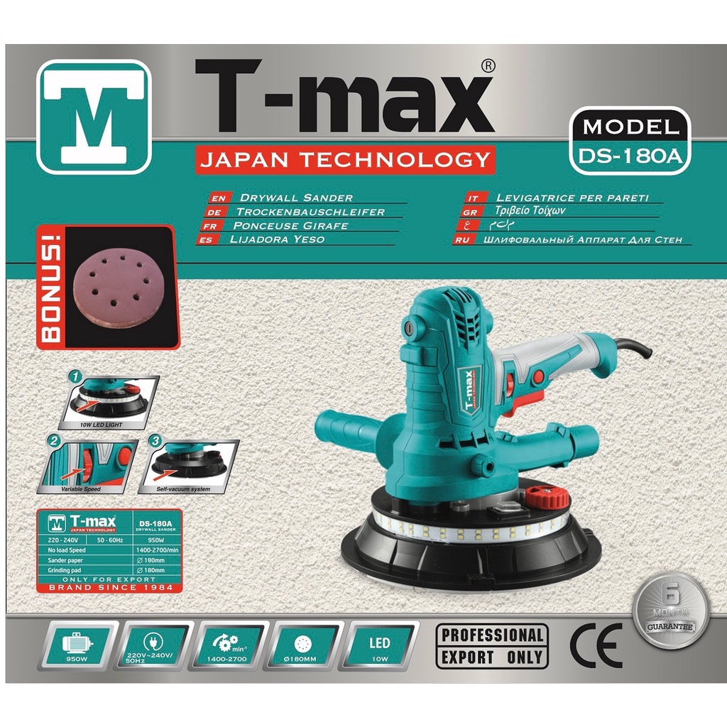 MÁY CHÀ NHÁM TƯỜNG ĐÈN LED 950W 180MM T-MAX DS-180A- HÀNG CHÍNH HÃNG