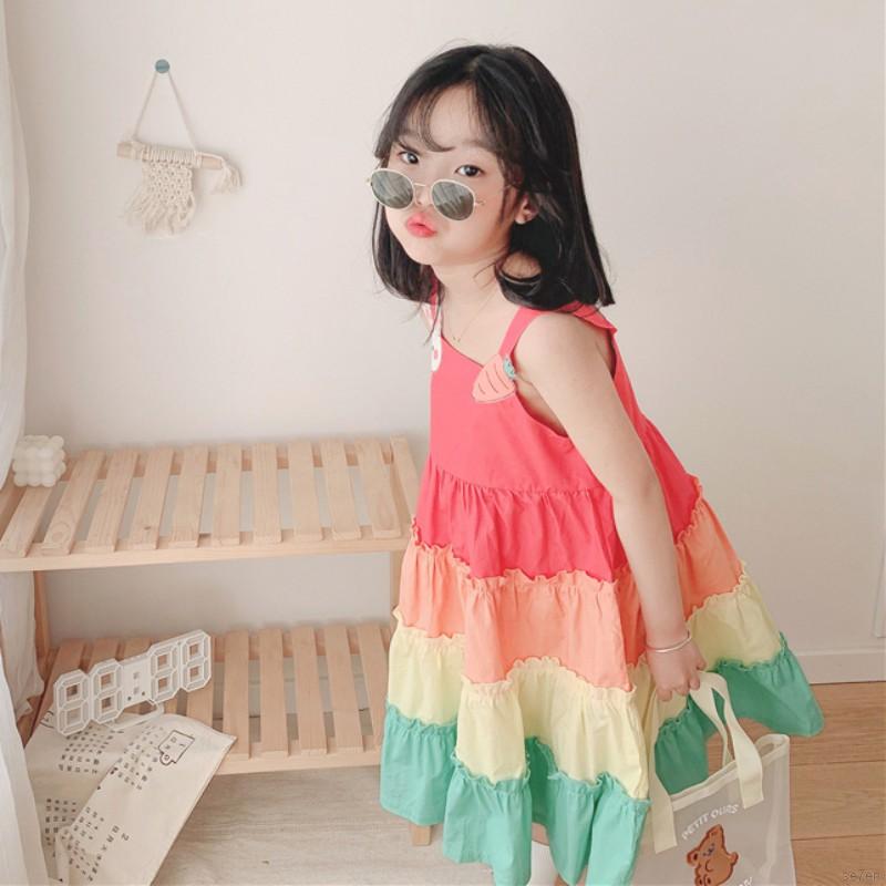 Đầm xếp ly họa tiết màu cầu vồng thời trang xinh xắn cho bé gái 1.5-4T
