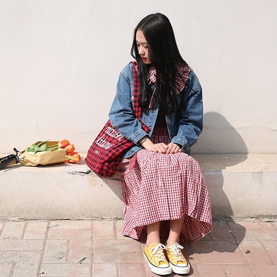 Túi tote vải kate MAISON họa tiết caro gingham đỏ đen ulzzang hàn quốc