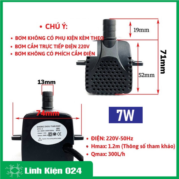 Máy bơm nước chìm mini 4W 7W 13W 16W 18W 25W 30W điện 220V, Bơm quạt hơi nước, Bể cá thủy sinh, Hòn non bộ