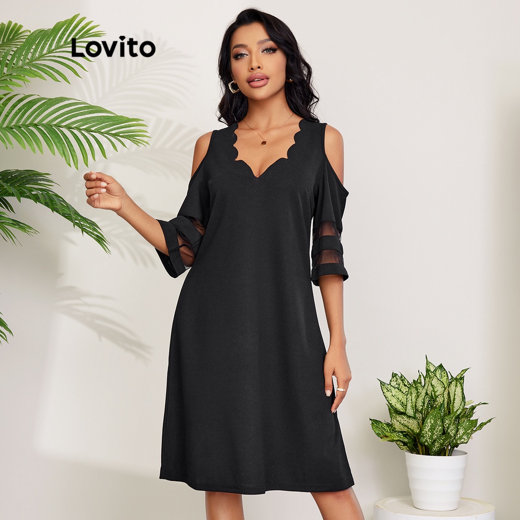 Đầm Lovito thiết kế cổ chữ V cắt xẻ vải lưới tương phản trơn màu phong cách thanh lịch L27LD097 (màu đen)