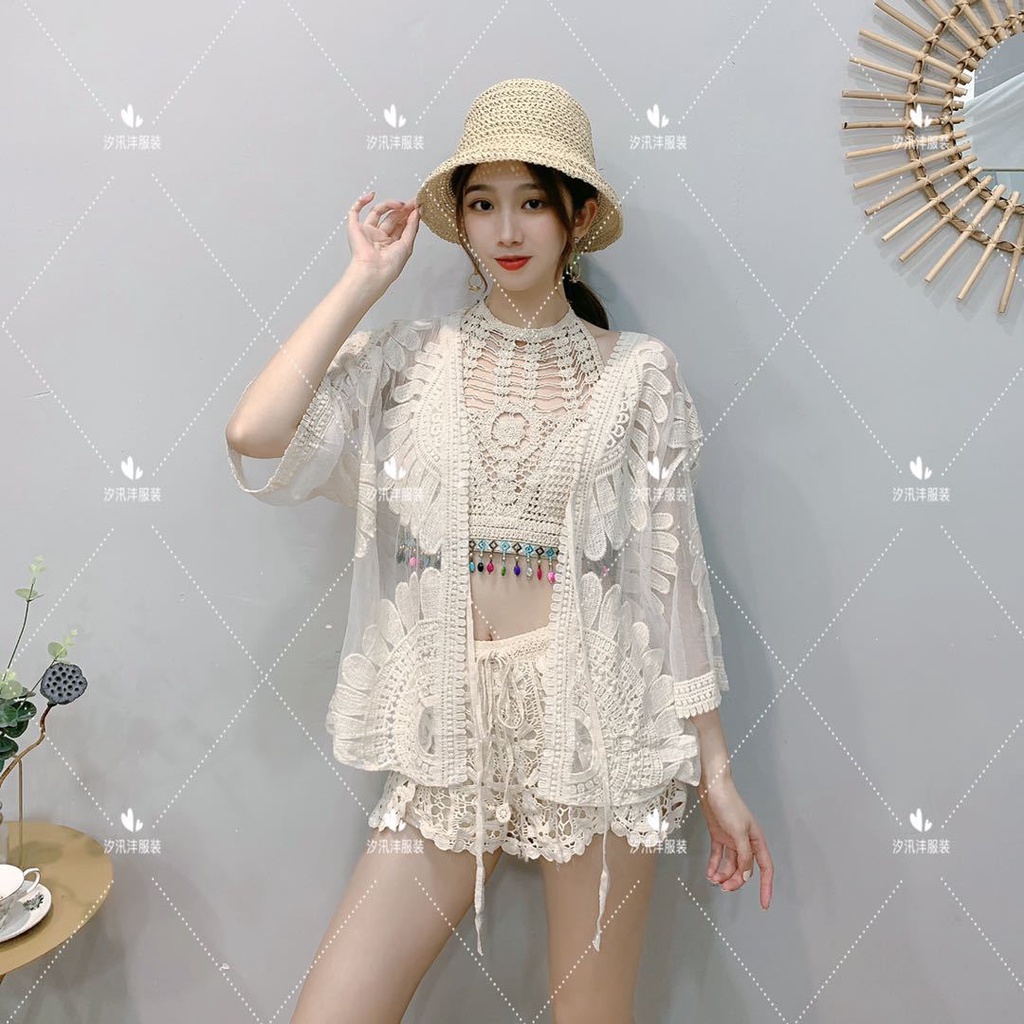 (Hàng nhập) SET 3 MÓN Bikini len móc có kèm khoác đi biển # XK1883