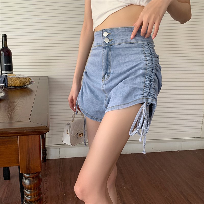 Quần jean IELGY màu đen mỏng phối dây rút phong cách mùa hè cho nữ