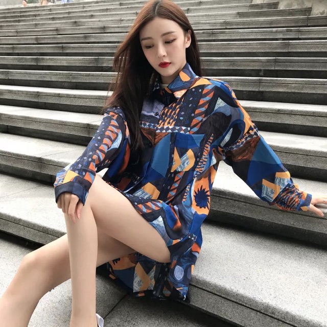 [ẢNH THẬT](sẵn) Áo sơ mi ulzzang oversize dáng rộng giấu quần hoạ tiết cá tính