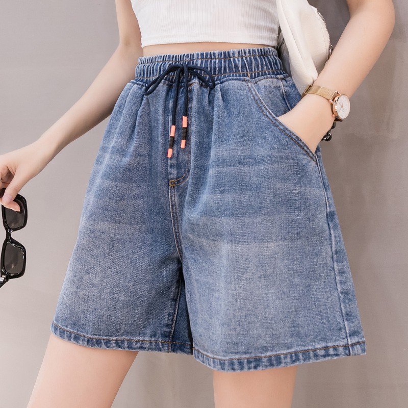 Quần Short Jean Lưng Cao Co Giãn Màu Xanh Dương Có Size Lớn S-5Xl Dành Cho Nữ