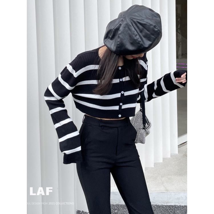 Áo cardigan ZHELIHANGFEI dệt kim kẻ sọc trắng đen lưng cao dáng ôm trẻ trung quyến rũ thời trang cho nữ