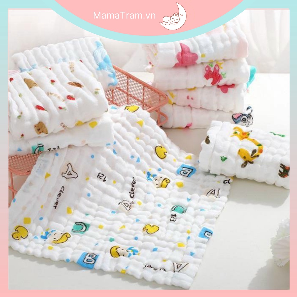 Set 5 Khăn Sữa Xô Mềm 6 Lớp KILUTA Kích Thước 26*26cm Nền Trắng Họa Tiết