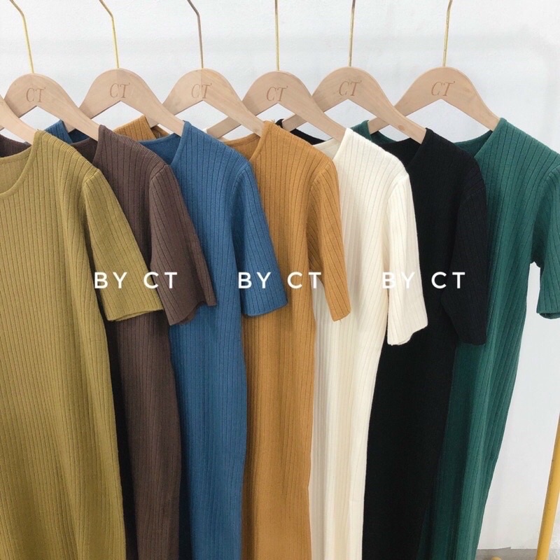 Váy len cổ tròn sọc gân dáng suông style Hàn