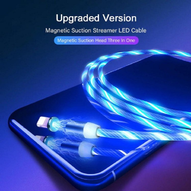 Dây Cáp Sạc Nam Châm Phát Sáng Xoay 360 Độ 3 đầu Android và iPhone và Type-C dây dù có đèn led NC1M