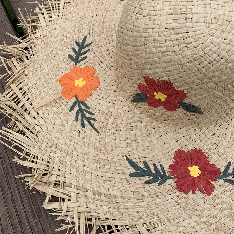 Nón Cói Rộng Vành Thêu Hoa Xinh Xắn Thời Trang Đi Biển Mùa Hè Cho Nữ