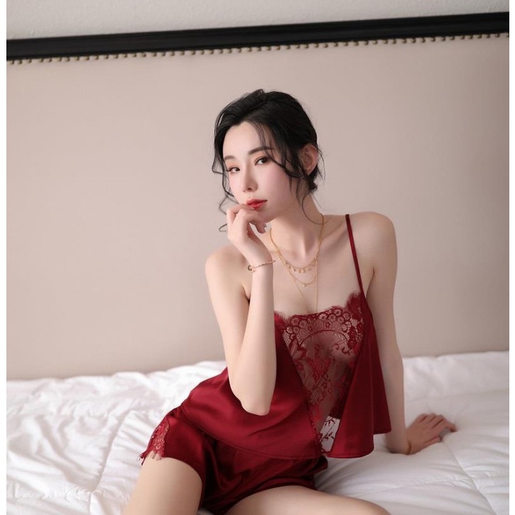 Đồ ngủ sexy lụa áo ren ngực + quần gợi cảm quyến rũ 46