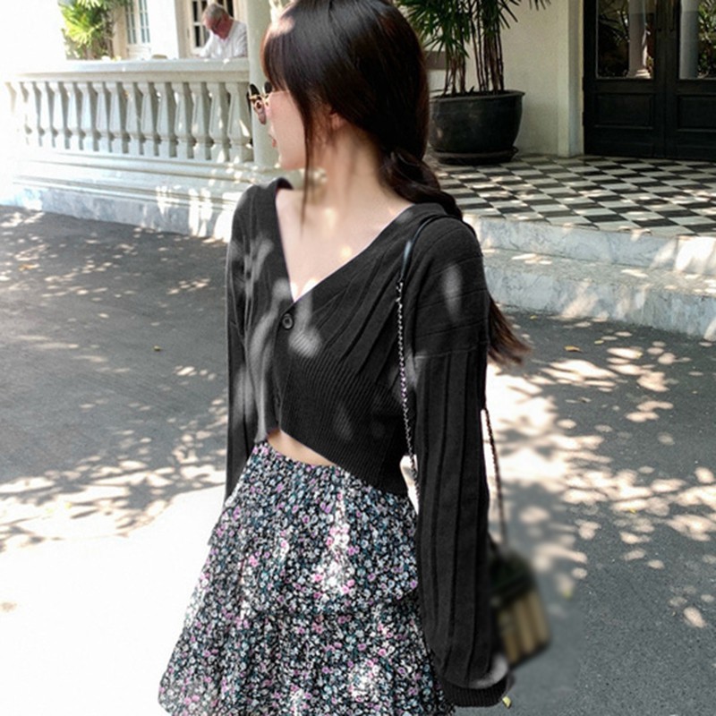 Áo Croptop Dệt Kim Tay Dài Cổ Chữ V Phong Cách Hàn Quốc | BigBuy360 - bigbuy360.vn