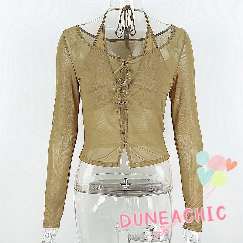 DUNEA Áo Thun Tay Dài Phối Lưới Xuyên Thấu Quyến Rũ Cho Nữ
