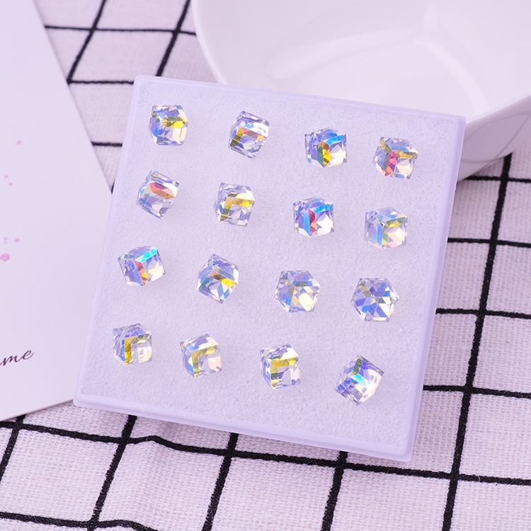 Set 8 đôi hoa tai bông tai Hàn Quốc 643754 pha lê tinh thể lấp lánh cắt vát 3D nhiều màu