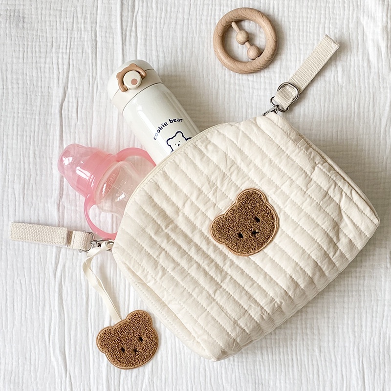 Túi treo xe đẩy/túi đựng đồ đa năng cho bé có khóa kéo thêu hình gấu/hoa vintage phong cách Hàn Quốc
