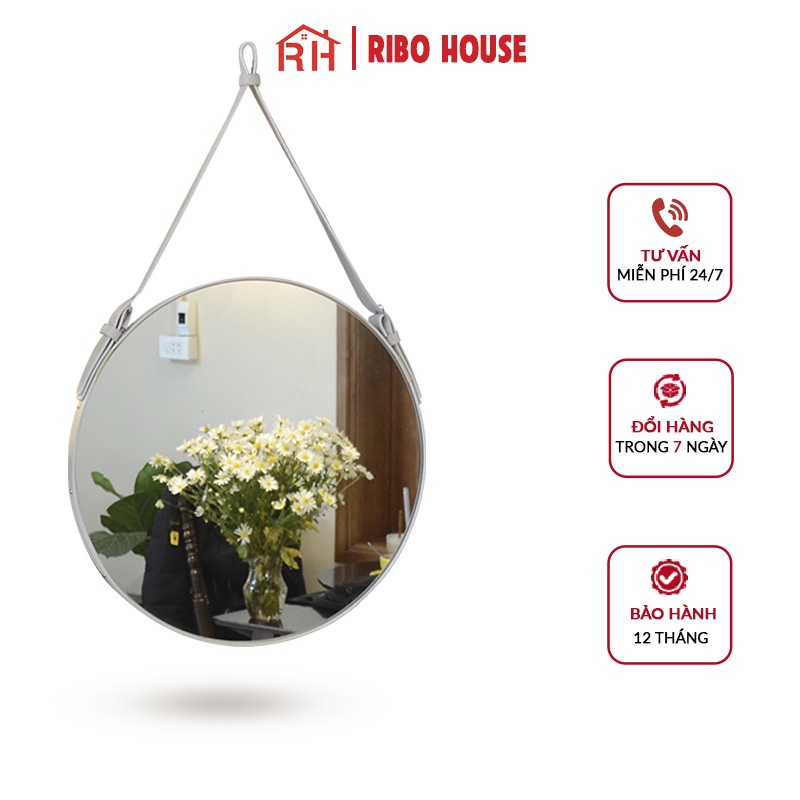 Gương trang điểm RIBO HOUSE chất liệu dây da, gương tròn trang trí phòng ngủ nhà tắm decor quán cafe nails RIBO41