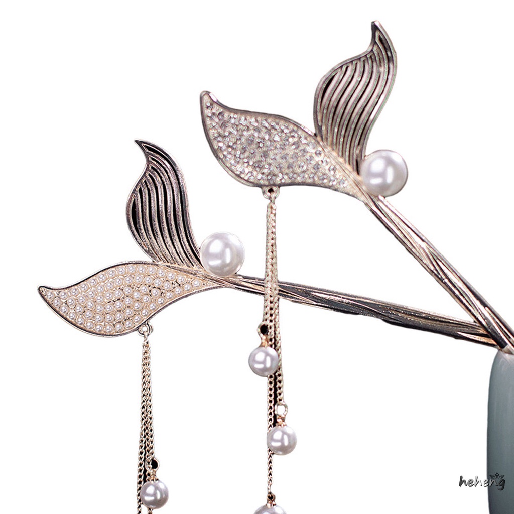 Pearls Hair Pin Sticks Handmand Retro Fishtail Hair Fork with Pearls Tassel for Women Girls Long Hair