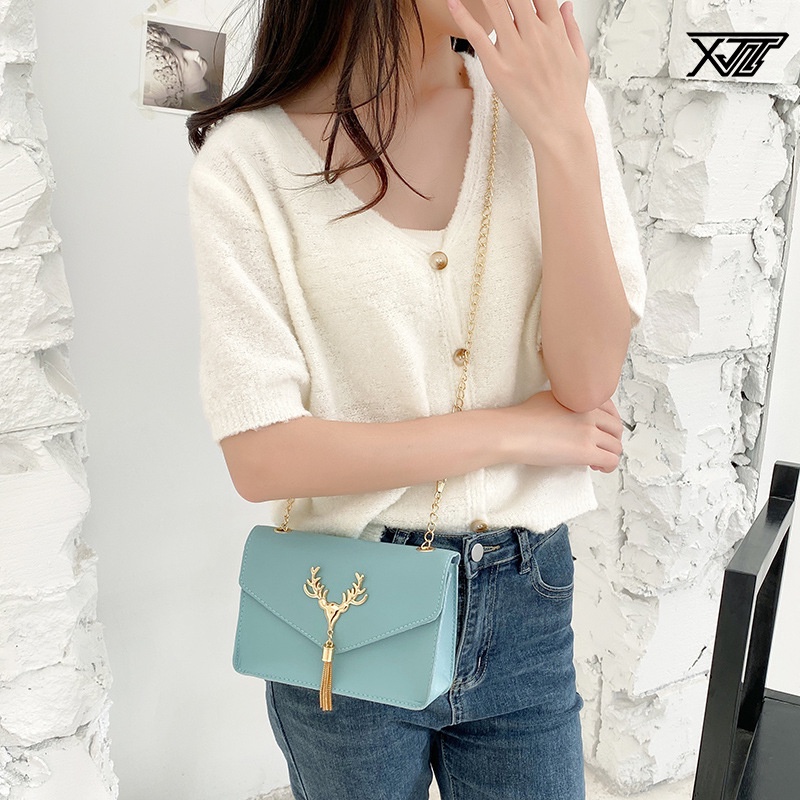 Túi Xách Đeo Vai Kiểu Vuông Nhỏ Phối Dây Xích Hoa Giản Đơn Mới Dành Cho Nữ