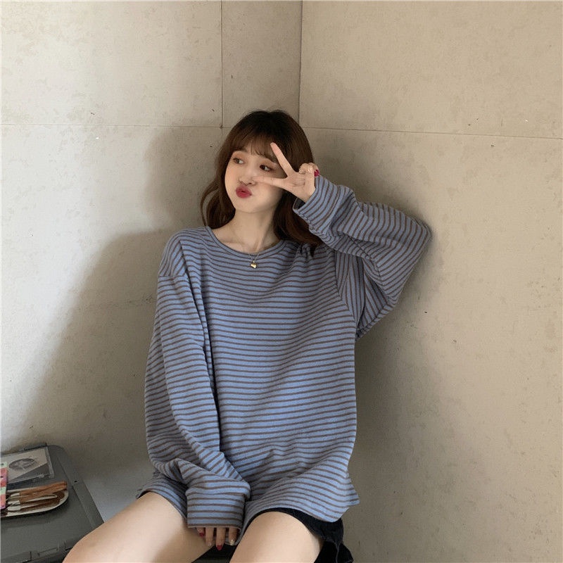 Jiashucheng Áo Thun Nữ Dài Tay Cổ Tròn Sọc Ngang Thời Trang Hàn Mới