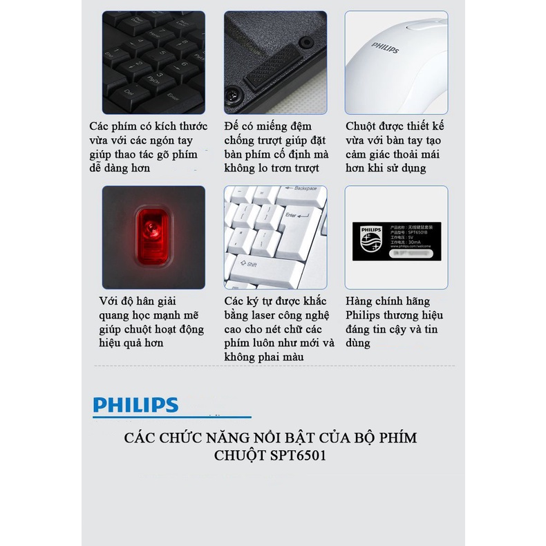 Combo bàn phím chuột không dây PHILIPS SPT6501 không phát âm thanh khi gõ chống thấm nước - Dùng PC, Laptop, Tivi