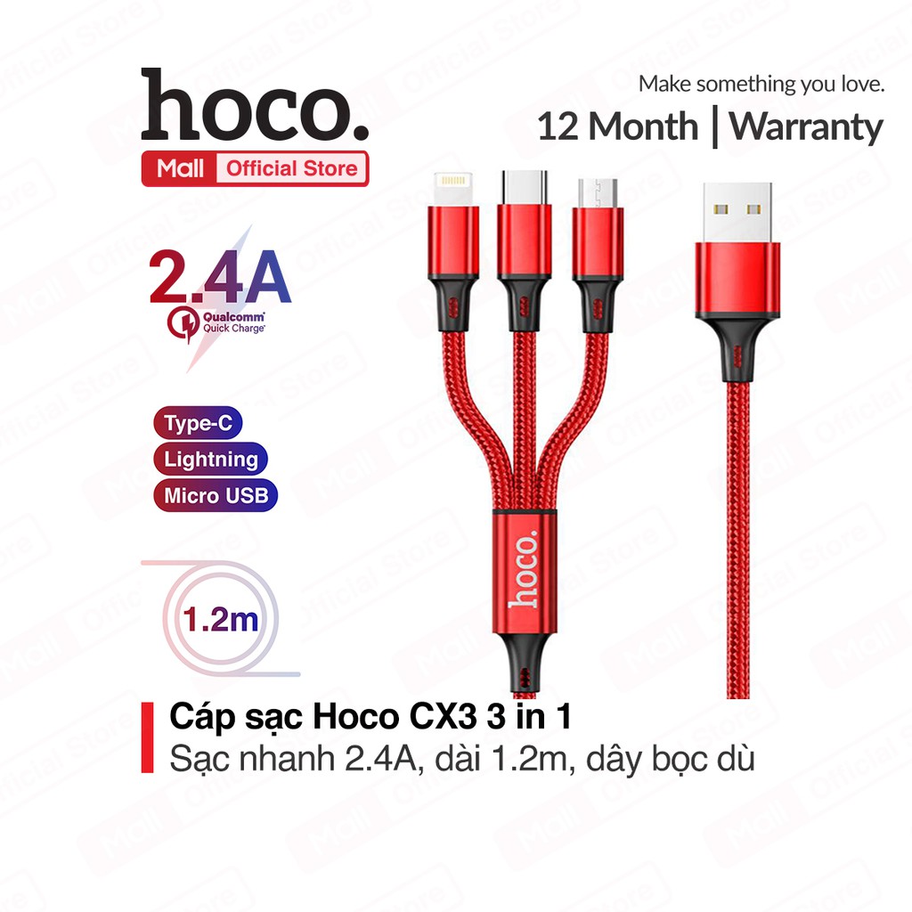 CÁP SẠC NHANH HOCO U31 BENEY 3 IN 1 ĐẦU LIGHTNING/ MICRO/ TYPE C SIÊU BỀN HÀNG CHÍNH HÃNG BẢO HÀNH 12 THÁNG