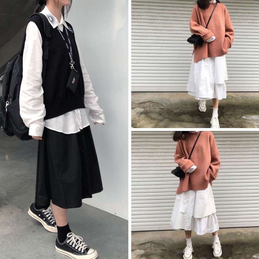 Chân Váy Dài Ulzzang Freesize Dưới 60KG Vạt Lệch - Chân Váy Dài Qua Gối Phong Cách Hàn Quốc Màu Basic CV001 | BigBuy360 - bigbuy360.vn