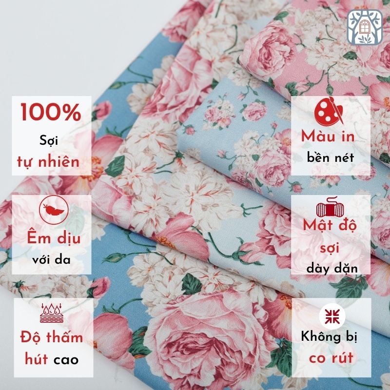CS21-198 Vải cotton 100% tự nhiên🍒Nhật bản🍒khổ vải 150cm, Hoa hồng pháp - vải đẹp handmade, quilt, may quần áo