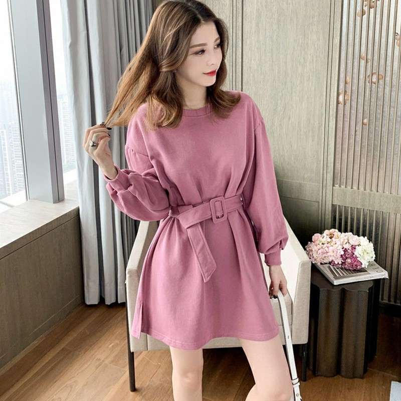 Đầm tay dài cổ tròn màu trơn phong cách Hàn Quốc