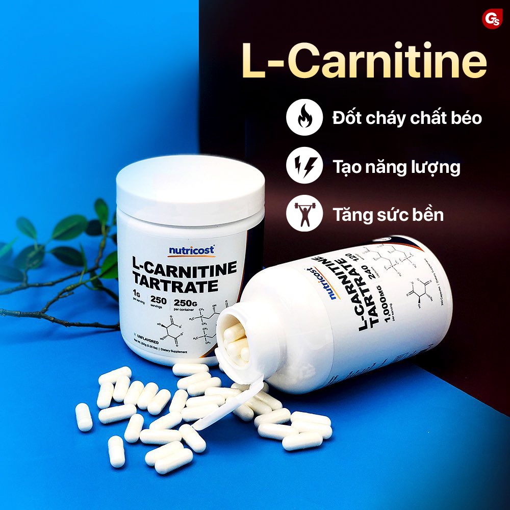 Viên uống Nutricost L-Carnitine Tartrate Capsules, 500 mg nhập khẩu Mỹ - Gymstore cải thiện phục hồi sau luyện tập