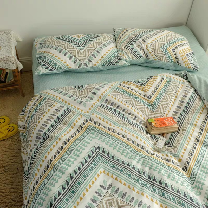 Bộ chăn ga gối Cotton Poly thổ cẩm xanh sét ga giường 4 món vỏ chăn ga gối có bo chun theo kích thước