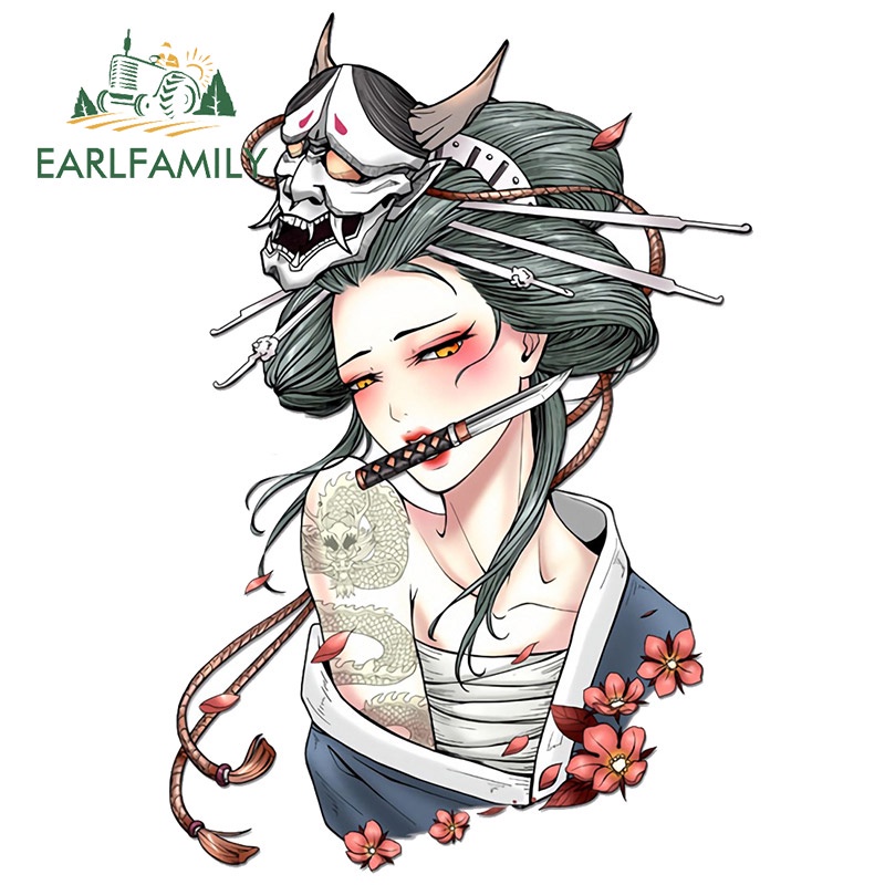 Earlfamily 13cm x 8.9cm Nữ Samurai Nhật Bản Xe Dán Vinyl Chống Thấm Nước Ngộ nghĩnh Decal Thân Xe Máy Campervan Đề Can
