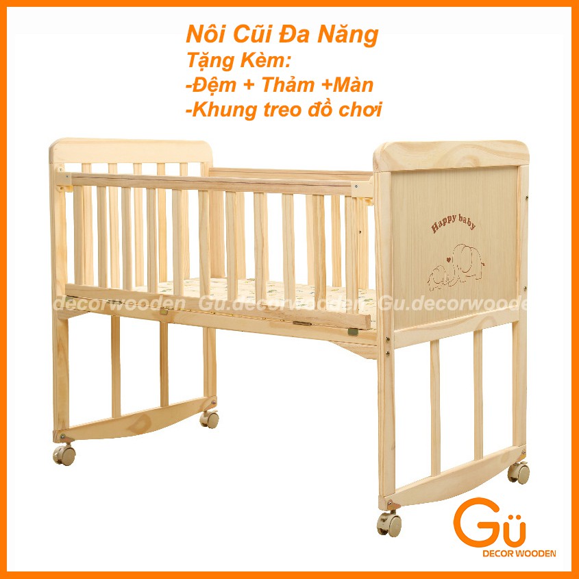 Nôi,Cũi Trẻ Em Chất Liệu Gỗ Thông Nhập Khẩu Newzealand - Tặng Đủ Phụ Kiện - GU DECOR WOODEN