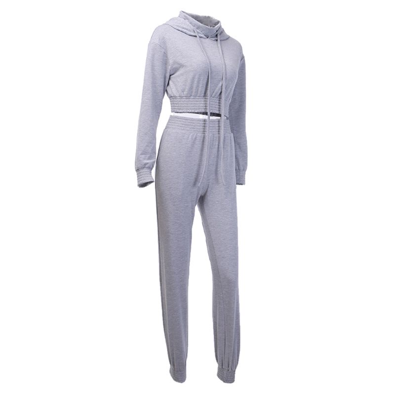 Bộ Áo Hoodie Croptop Màu Xám Nhạt Phối Quần Dài Thời Trang Mùa Thu 2019 Cho Nữ