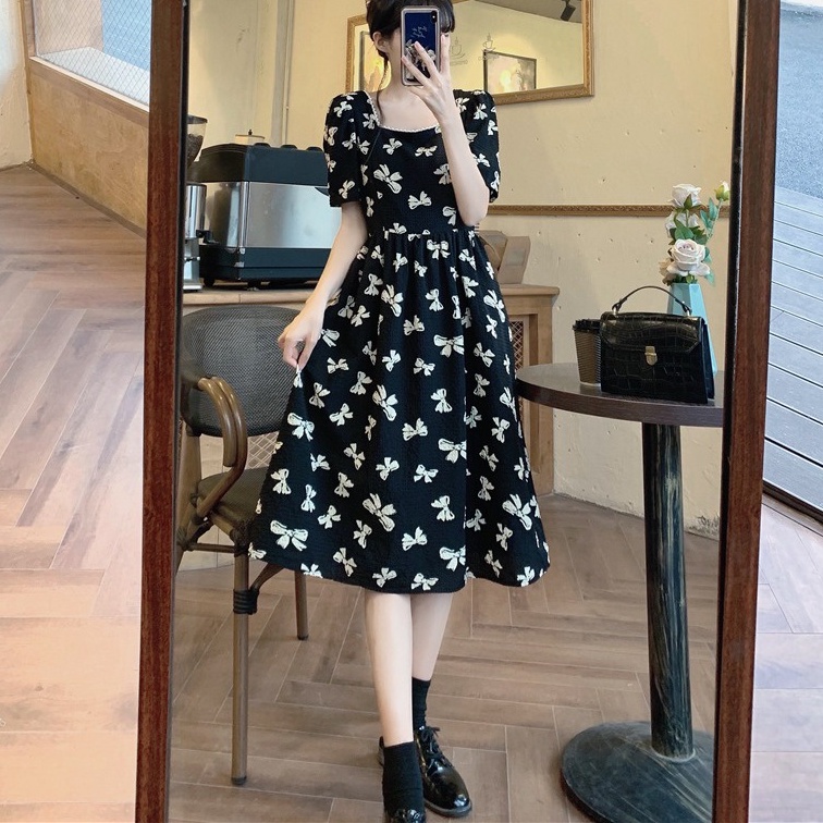 Đầm nữ ZHELIHANGFEI dài qua gối cổ vuông hở lưng cột nơ thời trang mùa hè retro