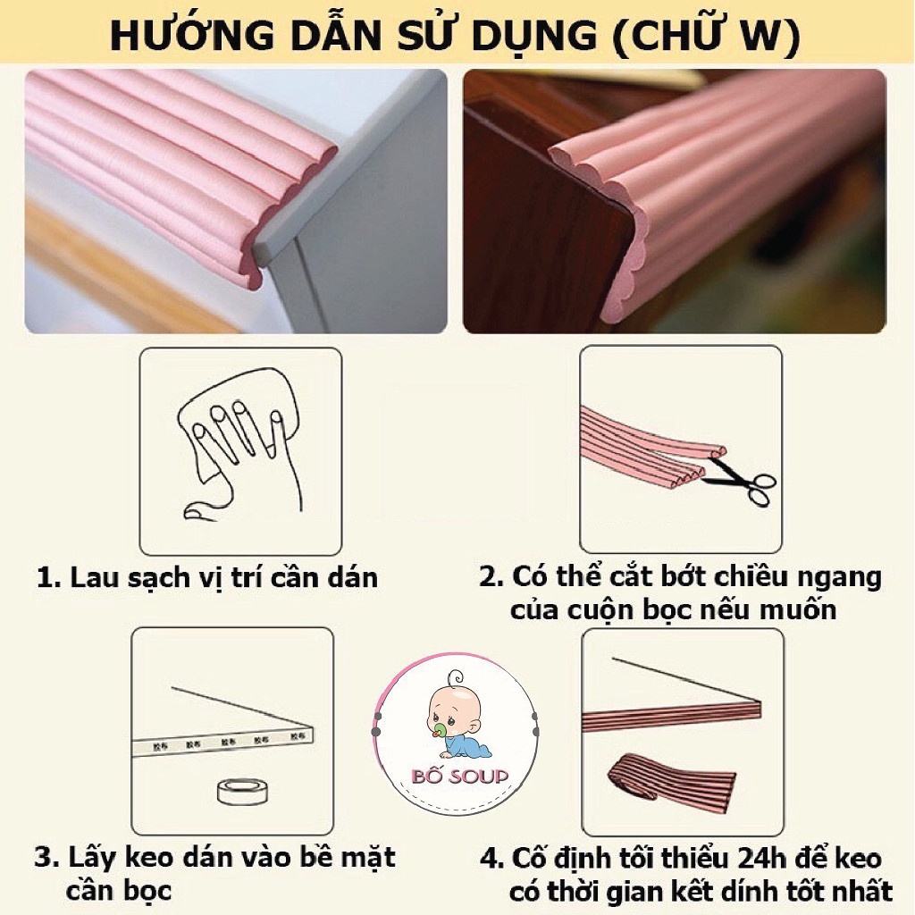 Xốp bọc cạnh bàn, góc bàn an toàn cho bé, bọc cạnh dài 2m chống va đập chất liệu cao su NBR mềm mại Shop Bố Soup