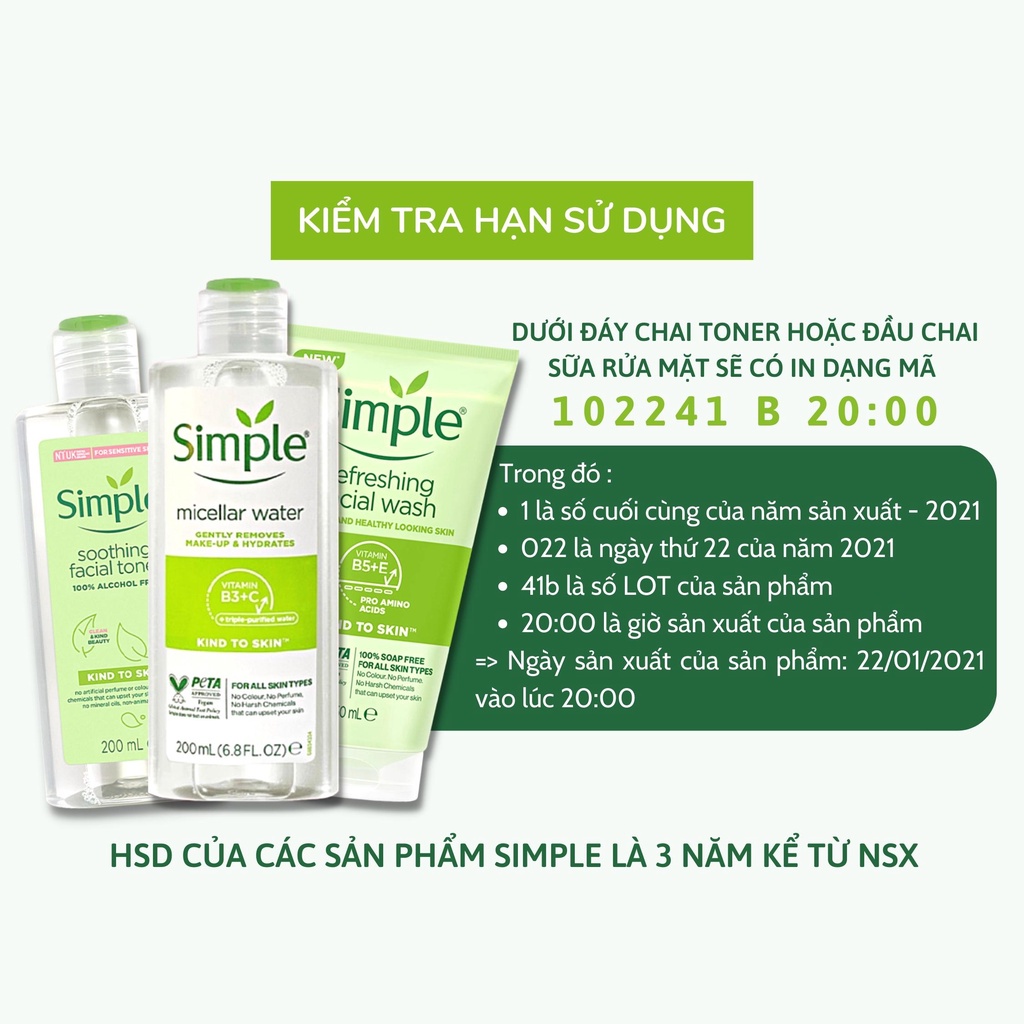 Combo Simple Tẩy trang Simple Micellar 200ml + Sữa rửa mặt simple 150ml + Nước hoa hồng simple 200ml kiềm dầu ngừa mụn