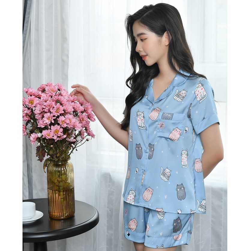 Bộ mặc nhà pyjama lụa cộc Tea Store họa tiết mèo hàng thiết kế