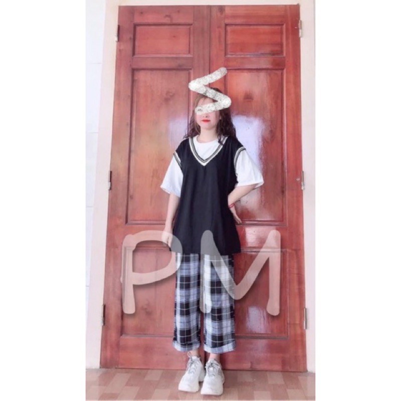 [ Mã FAMAYWA2 giảm 10K đơn 50K] sét áo gile viền kẻ+quần kẻ ống rộng