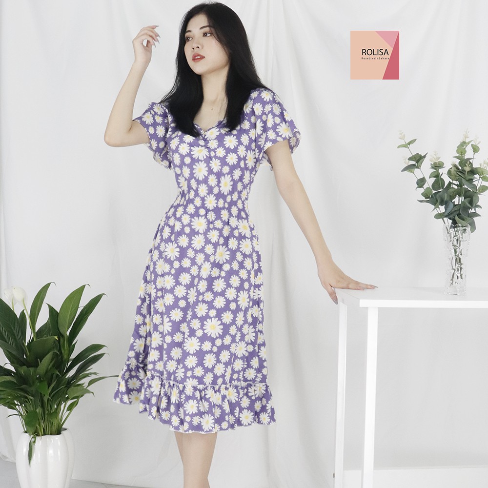 Đầm váy nữ hoa cúc màu tím hot trend, dáng xoè, dễ thương, dạo phố Rolisa RD050