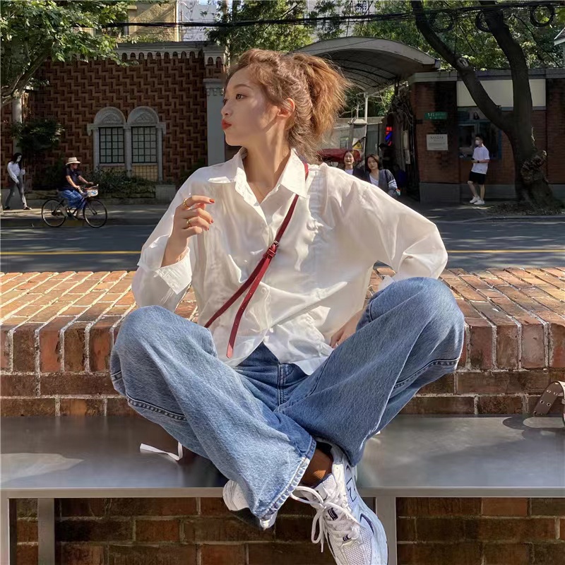 Áo sơ mi SUXI tay dài dáng rộng màu sắc đơn giản phối dây rút thời trang mùa xuân cho nữ